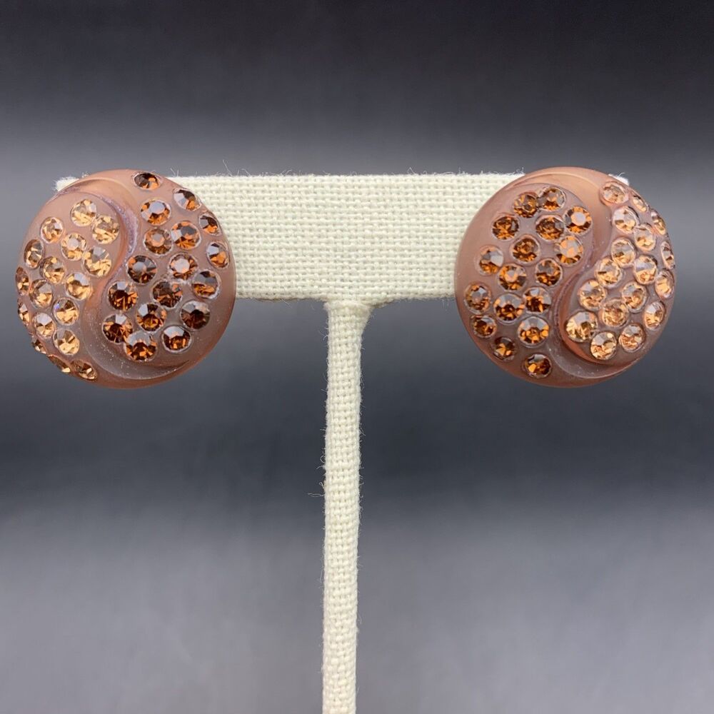 Round Lucite Clip On Earrings Brown Rhinestone Studded 1960s Look Vintage